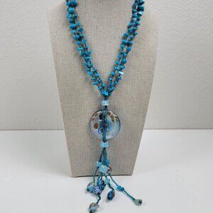 Dichroic Glass Millefiori Tassel Pendant Turquoise Chip Beaded Necklace 17.5 In